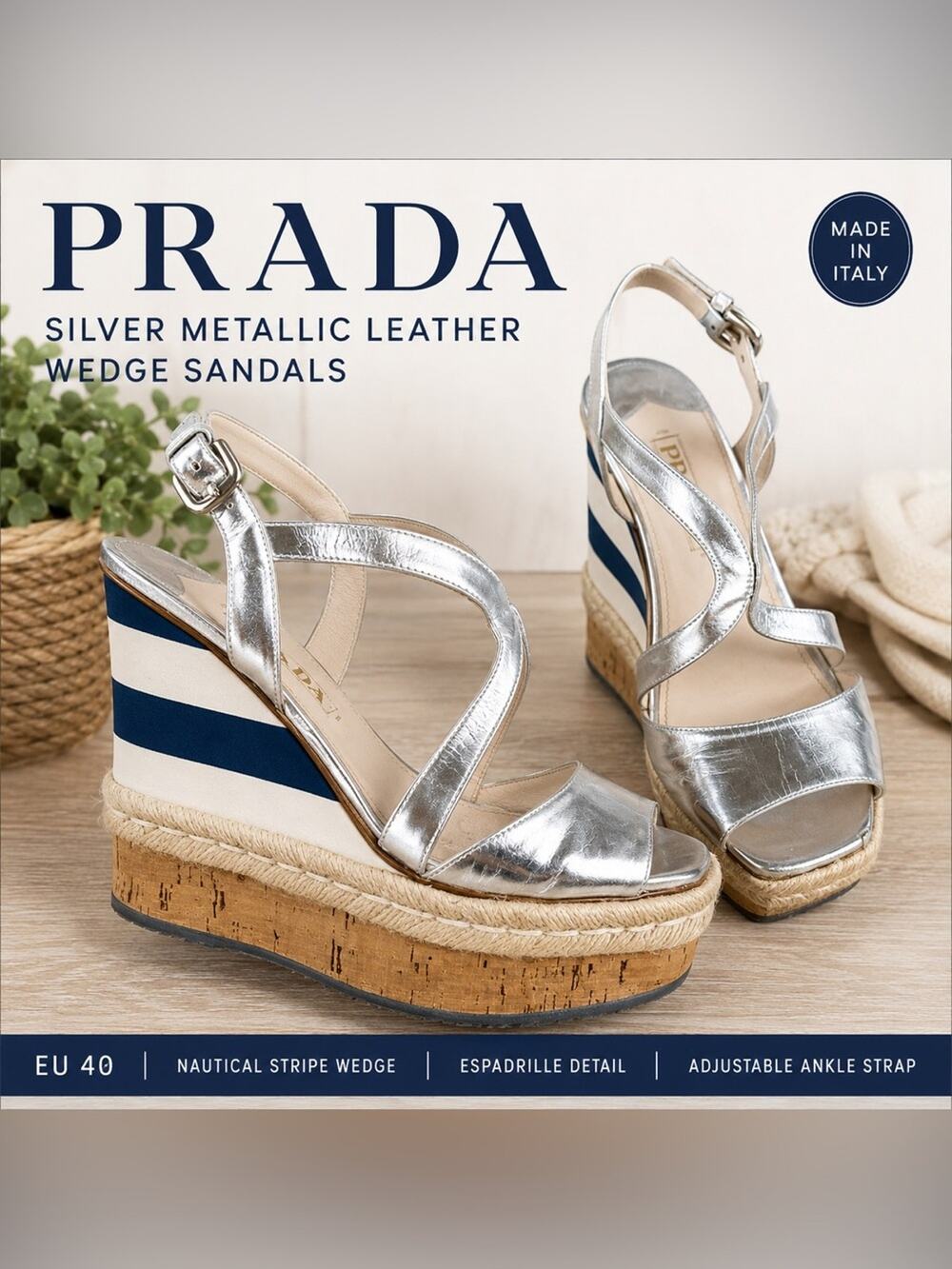 Prada Silver Metallic Leather Platform Espadrille Wedge Sandals Stripe EU 40